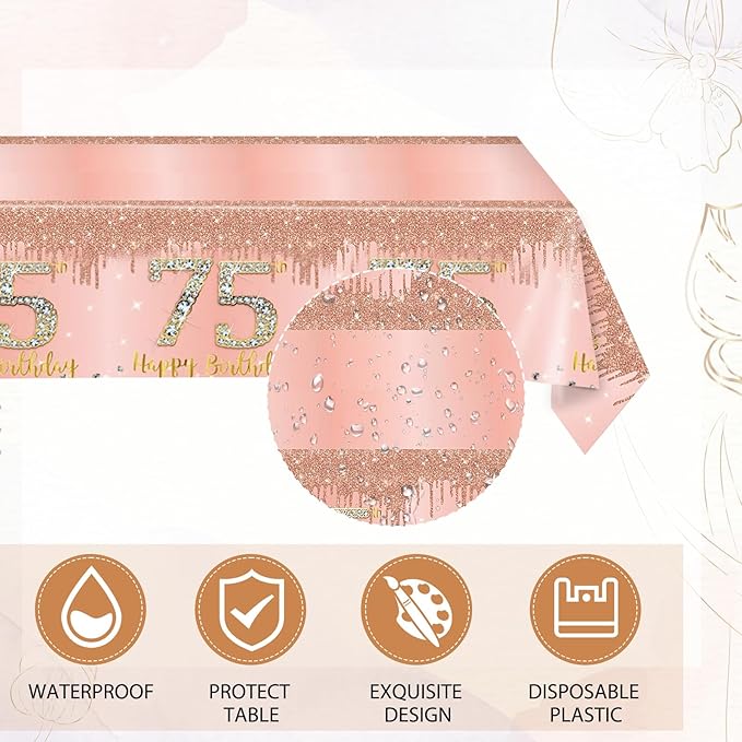41pcs 75th Birthday Decorations for Women Rose Gold 75th Birthday Party Plates Napkins and Tablecloth Happy 75 Year Old Disposable Party Tableware Kit for 75th Birthday Anniversary Party Supplies