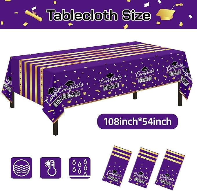Childom 3 Pack Graduation Tablecloth,Graduation Decorations Class of 2026 Graduation Party Decorations,54"x108" Purple and Gold Plastic Table Cloth Disposable Rectangle for Home,School,Party Supplies