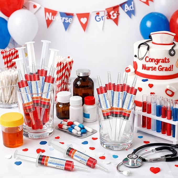 40 Pcs Nursing Graduation Party Supplies, 20 Pcs Plastic Syringes for Drinks, 20 Sticky Labels, Class of 2026 Graduation Decoration Nurse Party Supplies Bsn Rn Lpn Gift (100 ml)