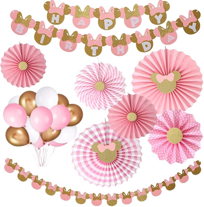 38pcs Minnie party supplies Decor Pink and Gold Minnie Paper Fans Minnie Garland Minnie Happy Birthday Banner Balloons for Girls 1st 2nd 3rd Birthday Decor