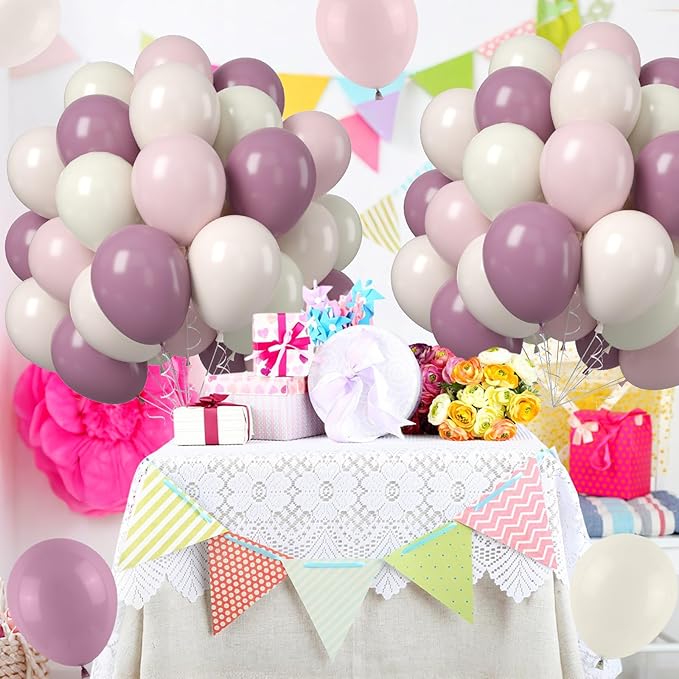 Pink and Purple Balloons, 50PCS 12Inch Dusty Purple Lavender Pastel Macaron Pink Sand White Balloon Boho Balloon for Girls Birthday Baby Shower Wedding Boho Bridal Shower Decorations