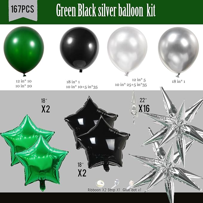 emerald green and silver black balloon garland arch kit 160pcs with star five-pointed star mylar balloon for Birthday anniversary 2026 graduations Prom decorations