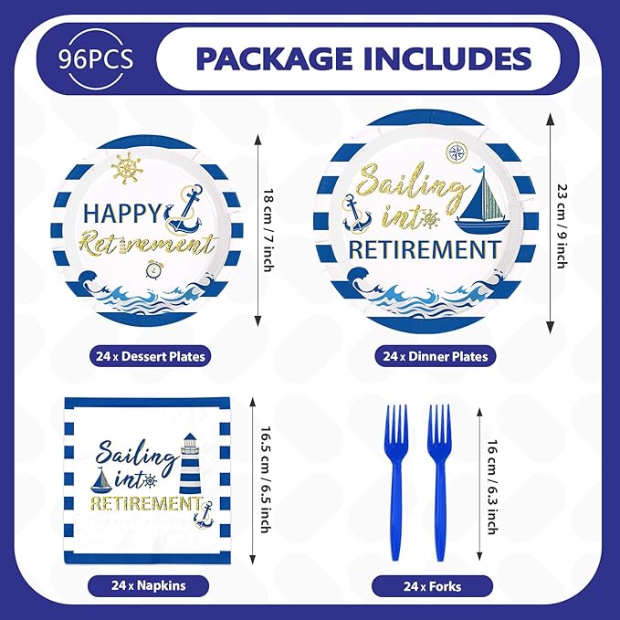 96Pcs Nautical Retirement Decorations Sailing into Retirement Plates and Napkins Tableware Sets Navy Blue Gold Decorations for Sailor Men Retirement Theme Farewell Supplies Serves 24