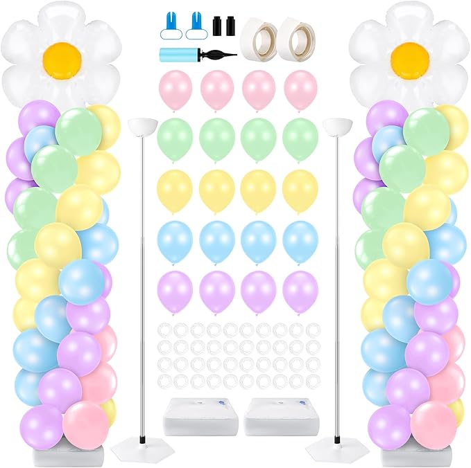Kasyat 2 Sets Daisy Pastel Party Balloon Column Stand Kit, Adjustable Groovy Balloon Arch Stand Kit for Macaron Boho Summer Daisy Floral Theme Easter Party Decoration