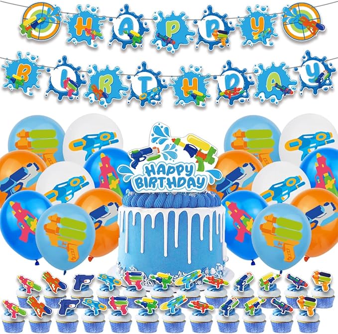Water Gun Birthday Party Supplies Pool Birthday Party Supplies Set Water Gun Theme Party Decorations Include 1 Banner 1 Cake Topper 16 Balloons 24 Cupcake Topper