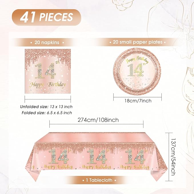 41Pcs 14th Birthday Decorations for Girls,Sweet Rose Gold 14th Birthday Plates and Napkins,Tablecloth Happy 14 Years Birthday Party Tableware Set for 14 Year Old Girls Teenager Party Favor Supplies