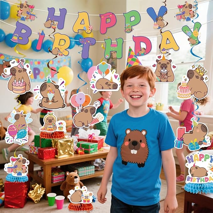Capybara Birthday Party Decorations Include Capybara Happy Birthday Banners Hanging Swirls Honeycomb Centerpiece Cute Capy Bday Animals Decor Supplies