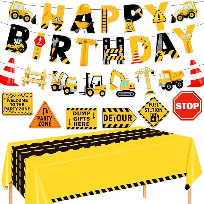 Construction Birthday Banner, Construction Birthday Party Supplies Vehicle Truck Paper Garlands Excavator Birthday Tablecloth for Boys and Girls