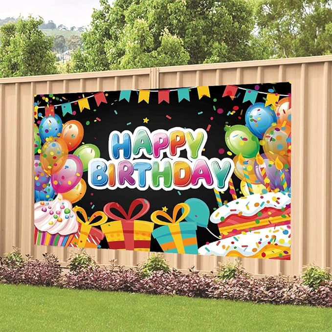 Balloon Cake Birthday Party Backdrop Black Colorful Happy Birthday Banner Balloon Cake Photography Background for Home Decorations Party Supplies 70.8 x 47.2 Inch