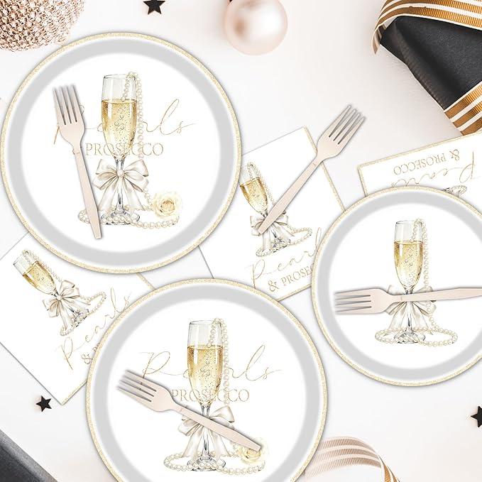 Rakuto Pearls and Prosecco Bridal Shower Decorations, 96PCS Pearls Bow Champagne Disposable Paper Plates Napkins Party Decorations, Bows Prosecco Wedding Bachelorette Bride to Be Decor, Serve 24