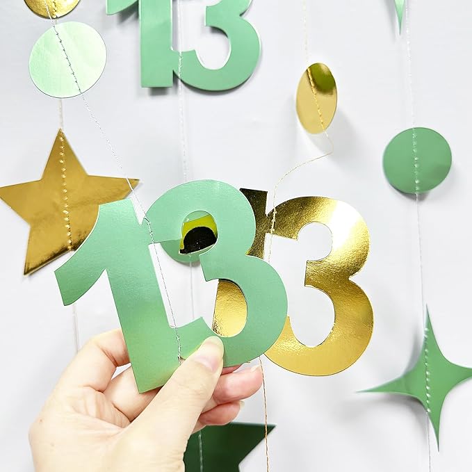 Sage Green Gold 13th Birthday Decorations Number 13 Circle Dot Twinkle Star Garland Glitter Hanging Streamer Banner Backdrop Girls Boys Cheers to 13 Years Old Birthday Official Teenager Party Supplies
