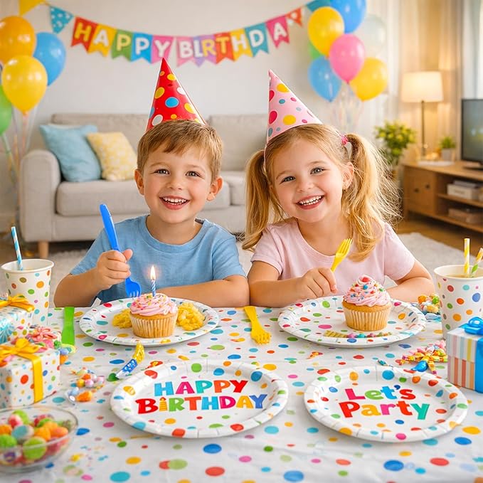 96 Pcs Happy Birthday Paper Plates Tableware Set (Serves 24), Birthday Dots Dots Design Supplies Set Include Plates Napkins Forks for Party