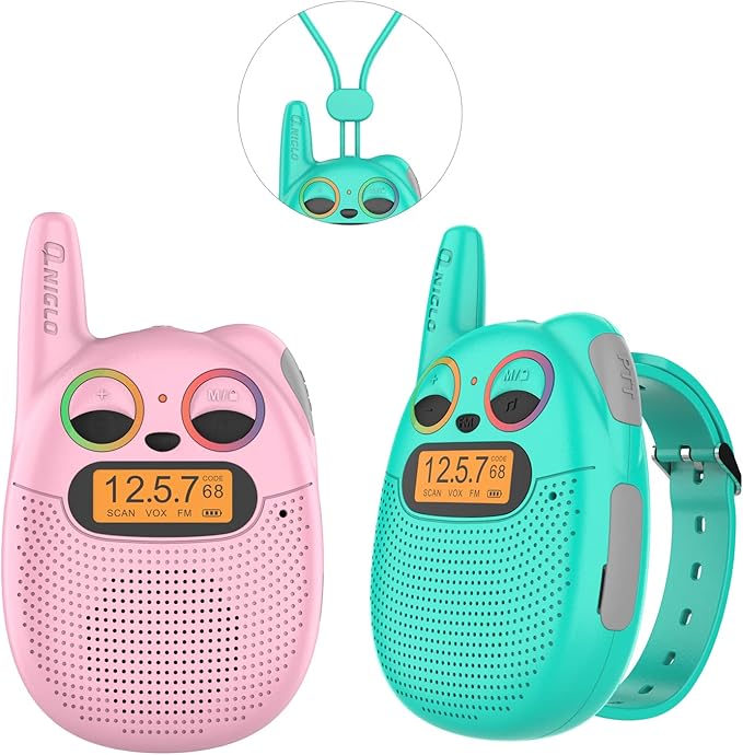 Qniglo Walkie Talkies for Kids Rechargeable 2 Pack, Wrist Watch Walkie Talkies with FM Handheld, Wearable Lanyard for Outdoor Camping Games & Birthday Xmas Toys Gifts for Boys Girls