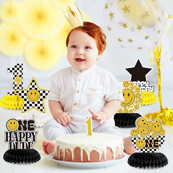 Outus 9 Pcs One Happy Dude Birthday Decoration One Happy Dude Honeycomb Centerpiece 1st Cool Birthday Table Decorations Smile Face Table Toppers Centerpieces for Baby Shower Party Supplies Decor