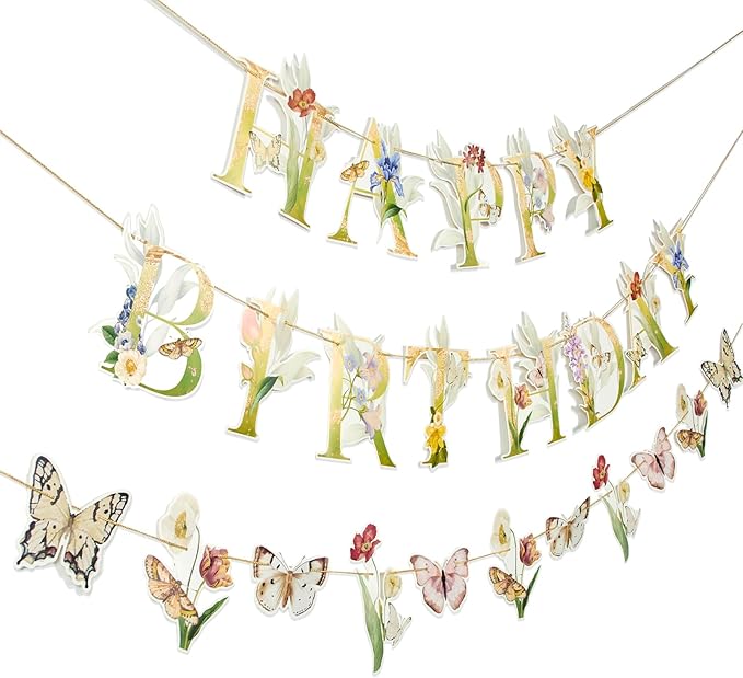 Paper Jazz Wildflower Party Birthday Banner,Butterfly Happy Birthday Banner,Floral Party Decorations for Garden Tea Party Baby Shower For Girl and Women