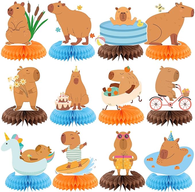 12 Pcs Capybara Birthday Party Decorations Honeycomb Centerpieces Capybara Table Topper Animals Capy Table Decoration for Birthday Party Favors Supplies