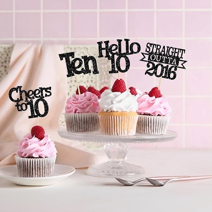 Ephlyn 24Pcs Happy 10th Birthday Cupcake Toppers Glitter Straight Outta 2016 Cupcake Picks Cheers to 10 Years Cake Decorations for 10th Birthday Anniversary Party Decorations Supplies Black