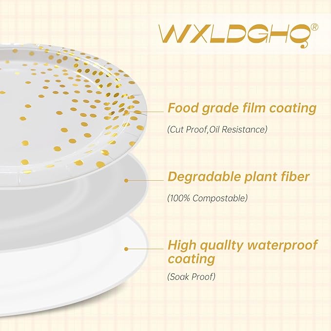 White and Gold Paper Plates Party Supplies,Disposable Gold Dot Paper Dessert Plates,100 Pack - 50 x 9 and 50 x 7 Birthday Plates for Wedding,Graduation