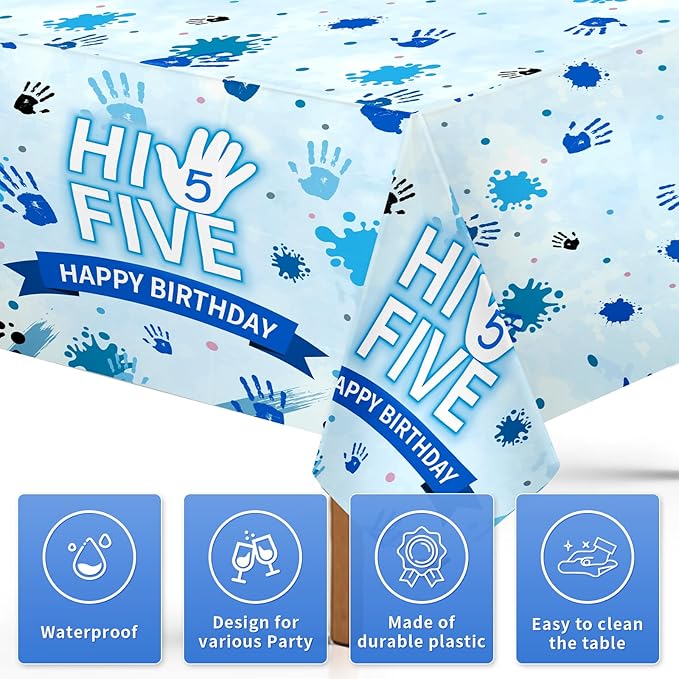 3Pcs Hi Five Party Tablecloth High Five Birthday Plastic Table Cover Waterproof Officially a Handful 5th Birthday Disposable Table Cloth for Boys Girls 5th Years Old Party Decorations, 54 x 108 Inch