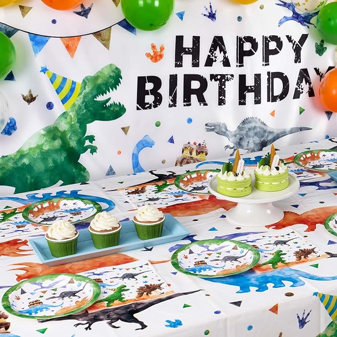 WERNNSAI Dinosaur Birthday Decorations - 33 PCS Dino Plates Napkins Tablecloth Watercolor Dinosaur Party Decorations Dino Party Favors for Birthday Supplies Serves 16 Guests