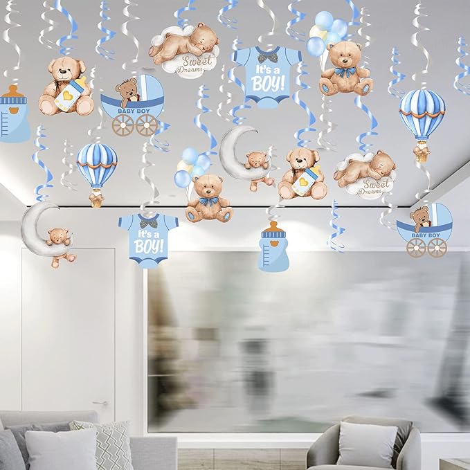 Baby Shower Bear Ceiling Swirls(30Pcs Fully-Assembled), It's A Boy Baby Shower Party Supplies Double Side Cute Swirls Birthday Party Decorations, Baby Shower Favor Supplies Decor Gender Reveal Prop
