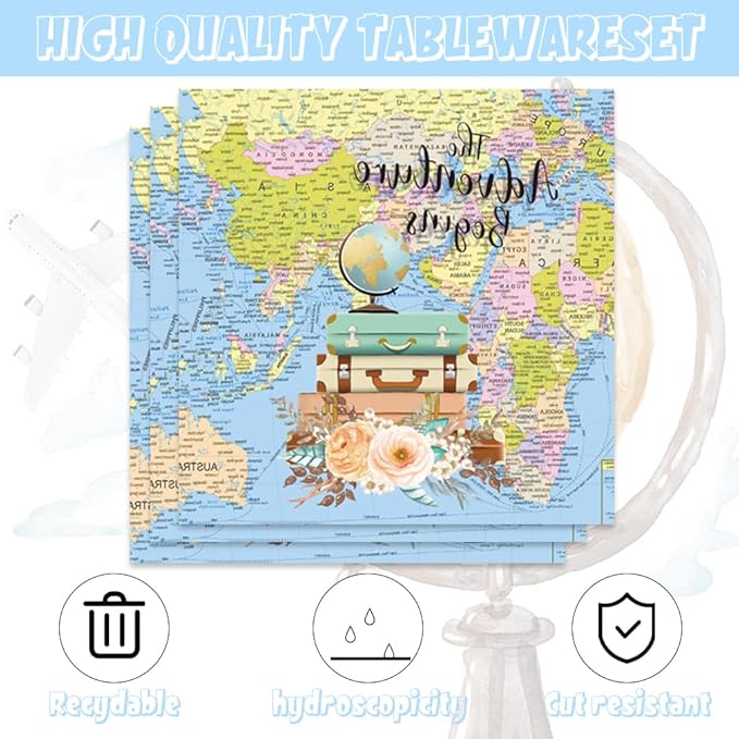 41pcs Adventure World Awaits Map Party Supplies ,include 20 Dessert Plates, 20 Napkin and 1pcs Tablecloth, Adventure World Awaits Map Party Set Used for The Adventure Begin Birthday Party Decoration