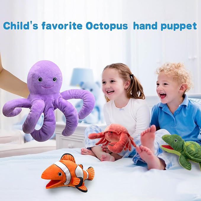 Octops Hand Puppet Realistic Plush Puppet 13",Octopus Puppet for Kids Ocean Animal Hand Puppet with Moveable Mouth,Soft Stuffed Octopus Puppet Story Toy Octops Puppets Role Play Teaching