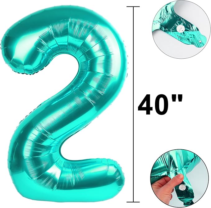 40 Inch Teal Blue Balloon Number 2 Giant Two Balloons Number Birthday Decorations, 2nd 12 20 21st Party Celebration Decorations Digital Balloon Wedding Anniversary Party Supplies