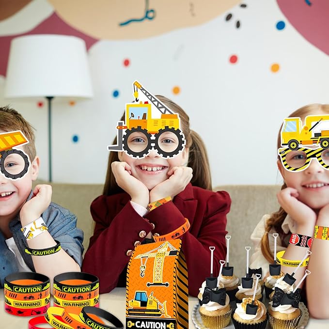 Construction Party Favors Supplies -Including Paper Glasses Gift Bag Tattoo Stickers Shovels Slap Bracelets Silicone Wristbands DIY Stickers Stampers, for Digger Theme Kids Students' Party Fillers