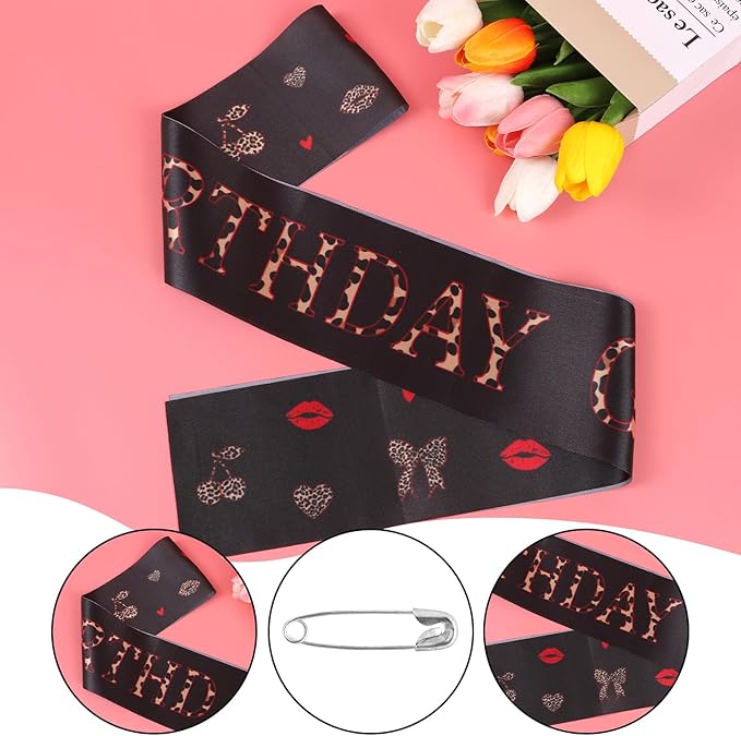 Cheetah and Cherry Birthday Decorations - Cheetah Print Cherry Theme Birthday Girl Party Sash, Girls Night Women Birthdays Party Decoration Supplies