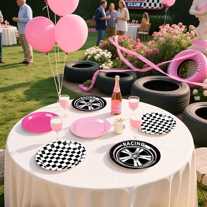 60Pcs Pink Race Car Party Plates 9" Racing Party Decorations Pink Black White Checkered Racing Car Paper Plates Disposable for Valentine’s Day Girls Birthday Baby Shower Race Themed Par-ty Supplies