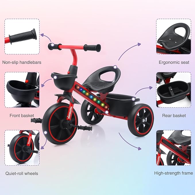 Kids Tricycle with Colorful LED Lights for Toddlers 1-3 Years, Stable 3-Wheel Design & Storage Basket for Fun Indoor Outdoor Ride, Gift for Baby Boy Girl