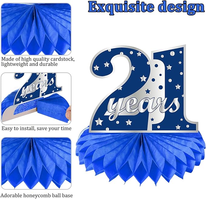 8Pcs 21st birthday Honeycomb Centerpieces Decorations for Boys， Blue Silver Happy 21 Birthday Table Centerpiece Party Supplies, Birthday,Twenty First Year Old Table Topper Decor