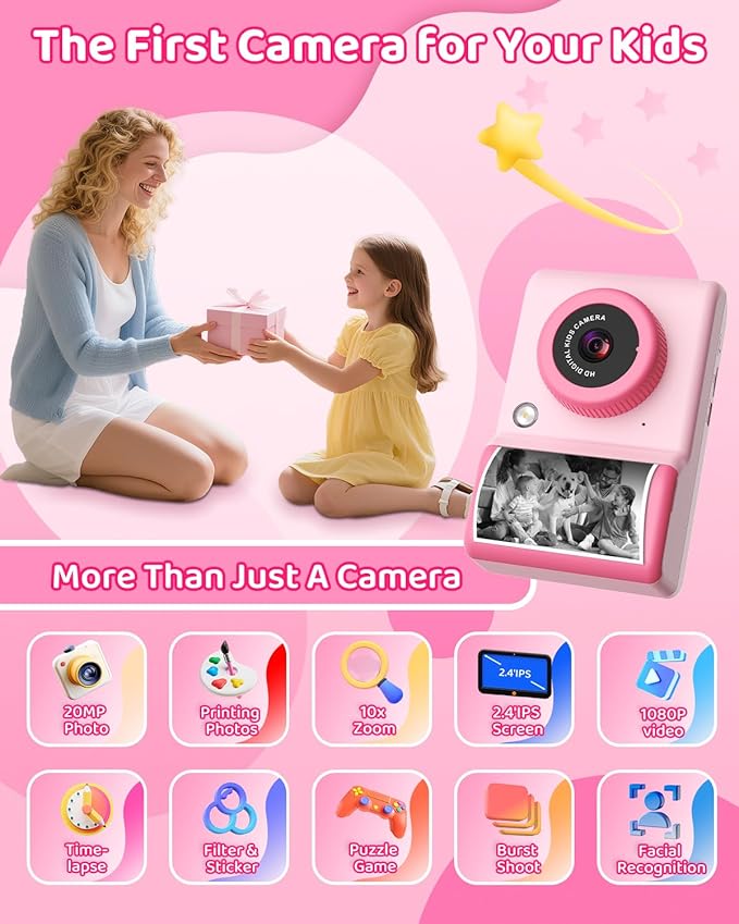 Kids Camera Instant Print, 20MP 1080P Video Instant Print Camera for Kids with 32GB SD Card, 240 Photos Printing, Face Recognition, ABS Durable, Christmas Birthday Gifts for Ages 3-12 (Pink)