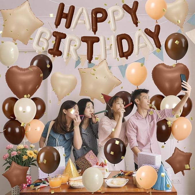 Cream Brown Birthday Decorations Boho Neutral Nude Brown Coffee Beige Apricot Sand White Balloons Happy Birthday Banner Heart Balloons 18/10 Inch Star Balloon for Women Bday Party Supplies
