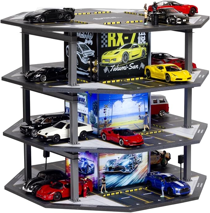 1/64 Scale Octagonal Building Style Display Case Car Garage Moldel with LED Light and Diecast Car Show Case 48 Parking 4th Floor