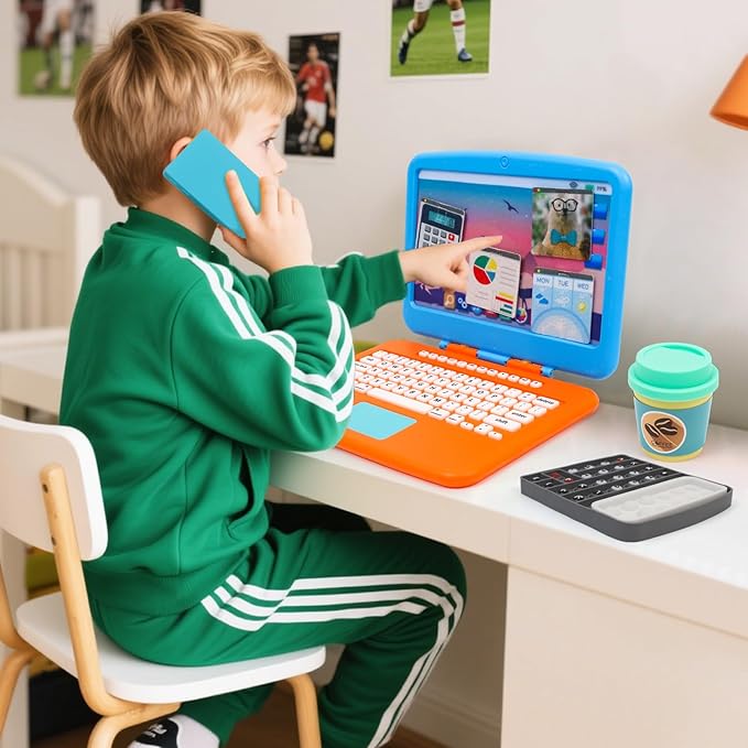 XIAPIA 10 Pcs Pretend Play Home Office Toys, Pretend Play for Toddlers 3-5-7, Pretend Play Sets with Kids Laptop, Pop-Up Calculator, Notebook, Watch, Coffee & Plant, Birthday Gift for 3 4 5 6 7 Year