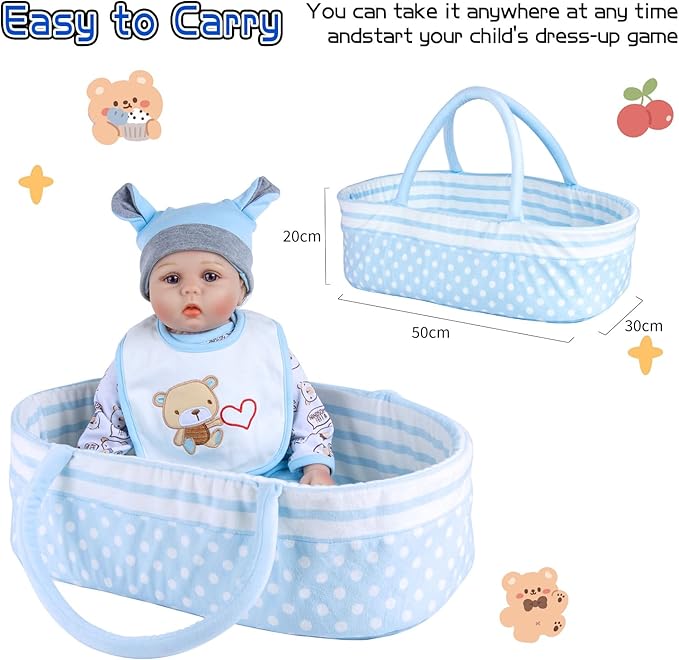 Reborn Baby Doll Clothes 12pcs for 17-22 Inch Reborn Dolls Clothes Accessories Blue Luxurious Gift Set (Bassinet+ Blanket)
