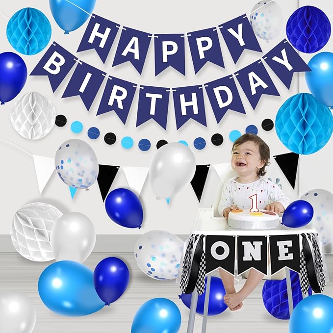 33 Packs Birthday Party Decorations, Happy Birthday Hanging Banner Circle Dot Triangles Honeycomb Balls Balloon Decor Set For Boys Girls Men Women Teen(Blue&Black)