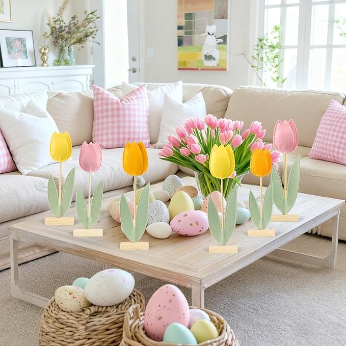 SUNBEAUTY 6Pcs Spring Tulips Flower Table Decoration Easter Tulip Felt Centerpiece Pink Yellow Orange Tulips Floral Tabletop Signs for Easter Garden Birthday Home Party Mothers Day Decor