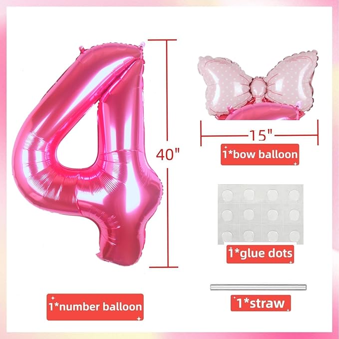 40 Inch Pink Number 4 Balloon with Mini Bow Balloon for Girls 4th Birthday Decorations, Pink Princess Western Cowgirl Theme Birthday Party Decorations Supplies Favors