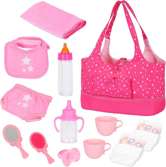Baby Doll Accessorie, 13 Pcs Doll Stuff Acessories Storage Diaper Bag Set for 14-18 Inch Dolls, Feeding and Caring Set Includes Diaper, Bottle etc Suitable Pretend Play