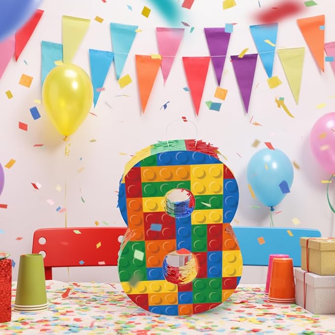 Number 8 Building Blocks Piñata 16.5 Inch Party Supplies 8th Birthday Party Decorations Piñata with Confetti Blocks Theme Fiesta Anniversary Celebration