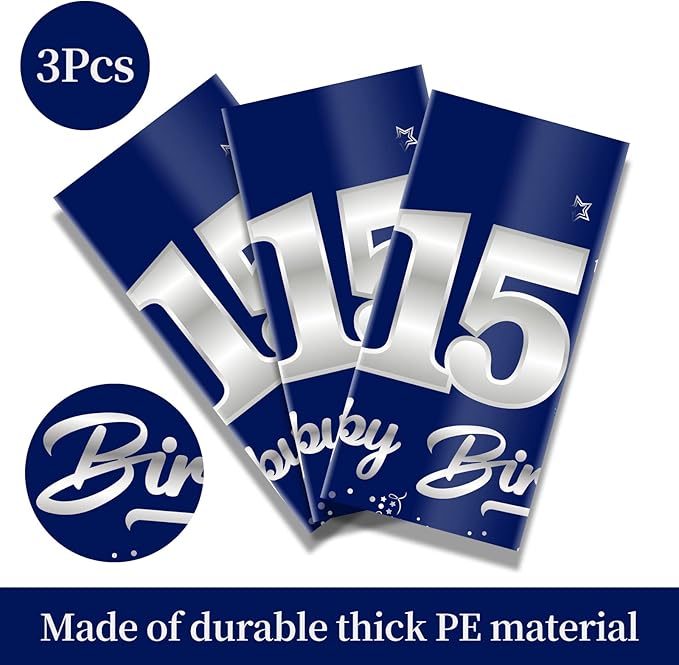 3 Pack Blue Silver 15th Birthday Tablecloth Decoration for Boy, Navy Blue Happy 15 Table Cover Party Supplies, Fifteen Years Old Birthday Disposable Rectangular Table Cloth for Indoor Outdoor