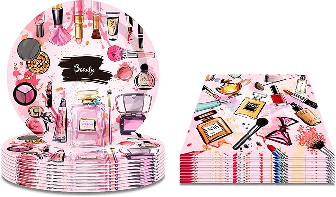Lide Road Makeup Theme Party Supplies - 64 Pcs, Serves 24 Guests - Pink Makeup Party Plates & Napkins for Birthday & Wedding Parties