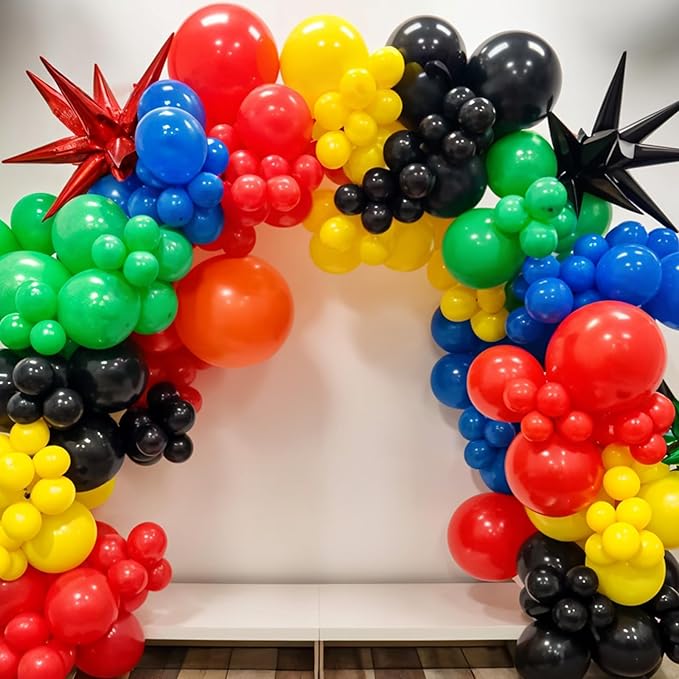 Black and Red Yellow Blue Balloons, 12 Inch Black Red Yellow Blue Green Metallic Silver Confetti Balloons with Star Foil Balloon for Boys Graduation Birthday Baby Shower Party Decorations