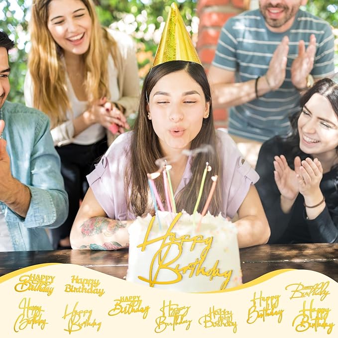 Barydat 50 Pcs Happy Birthday Cake Toppers Bulk Mirror Acrylic Cupcake Topper Cupcake Decorations Happy Birthday Sign for Cake Side Inserts Decor Party Supplies 10 Style(Gold)