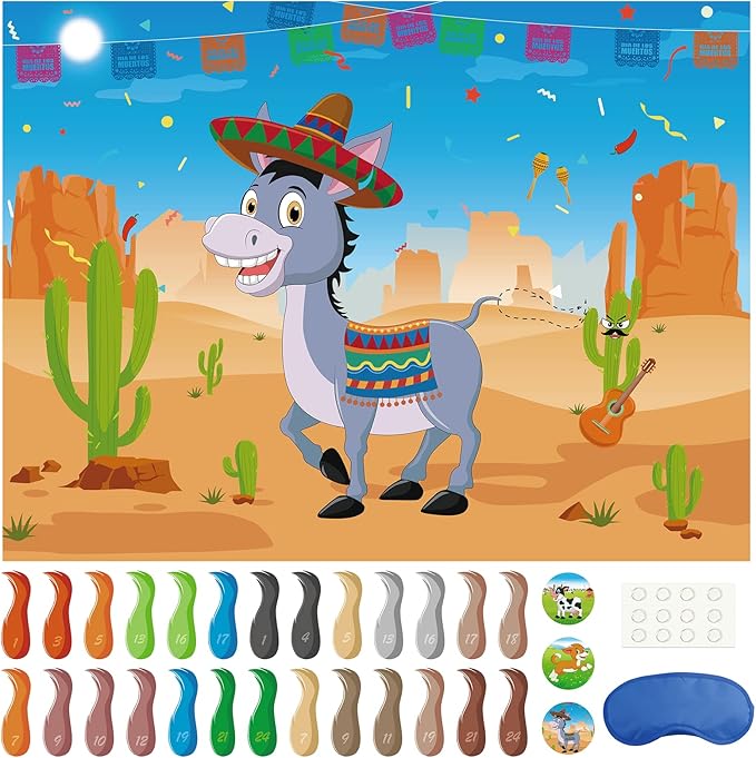 Morcheiong Pin The Tail on The Donkey Game with 48 Tails, Mexican Fiesta Party Favors Supplies Decorations, Birthday Party Game for Kids