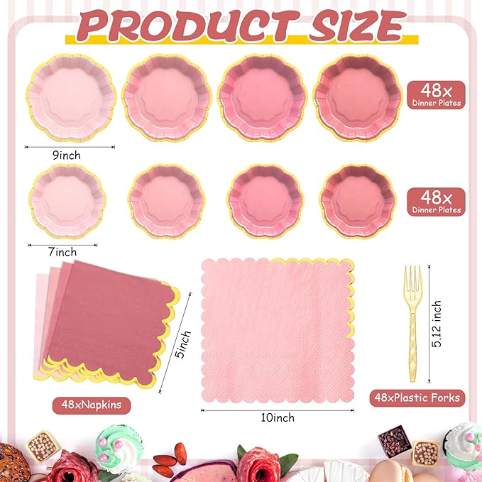 192 Pcs Pink Gold Plates Party Supplies Severs, Guests Disposable Party Decorations, 7'' and 9'' Scalloped Paper Plates, Cocktail Napkins Plastic Forks for Birthday Wedding