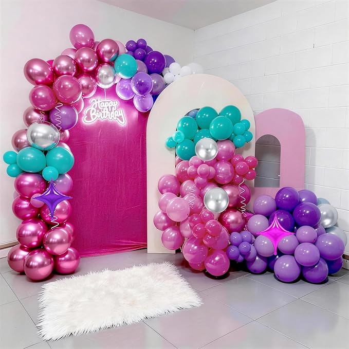 Pink Purple Blue Balloons, 62 Pcs 12 Inch Hot Pink Purple Teal Latex Balloons Violet Turquoise Silver Helium Balloon with Star Foil Balloon for Kids Magic Theme Mermaid Cartoon Birthdays Baby Shower